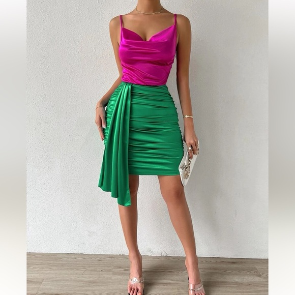 Two Tone Draped Ruched Side Satin Cami Dress - Picture 3 of 9